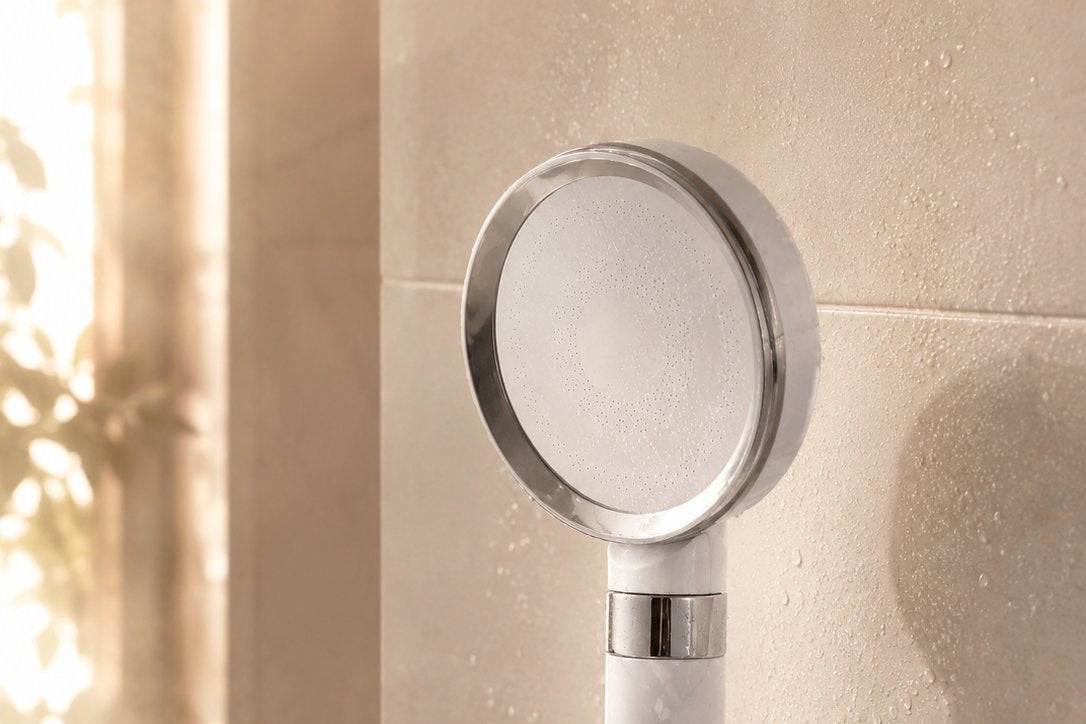 Pommeau de douche filtrant Aude Pluie blanc dans une douche aux murs beiges