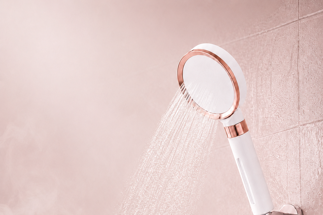 Pommeau de douche filtrant Aude Pluie rose, jet d'eau et vapeur sous la douche