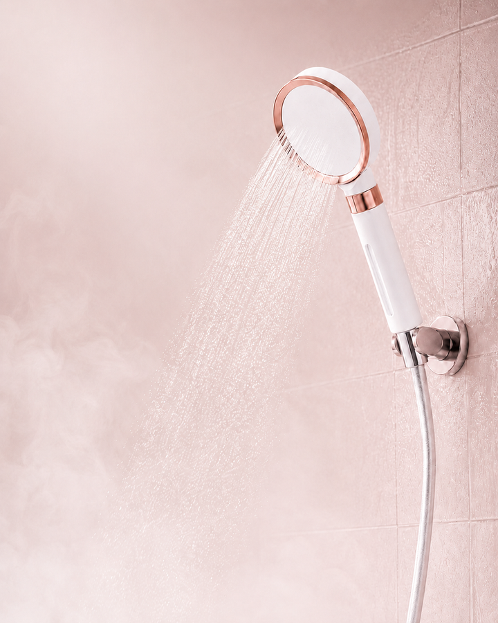 Pommeau de douche filtrant Aude Pluie en situation, eau qui coule